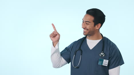 Happy-asian-man,-doctor-and-pointing-to-steps