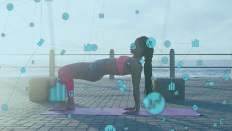 Animation-of-network-of-connections-over-woman-exercising-on-promenade-by-the-sea