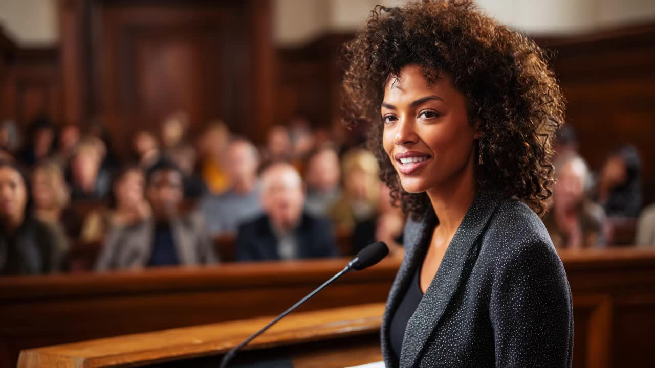 A Confident Lawyer Delivering Her Closing Argument in a Courtroom, Captivating the Jury's Attention with Poise and Clarity While Engaging the Audience in a Tense Legal Battle
