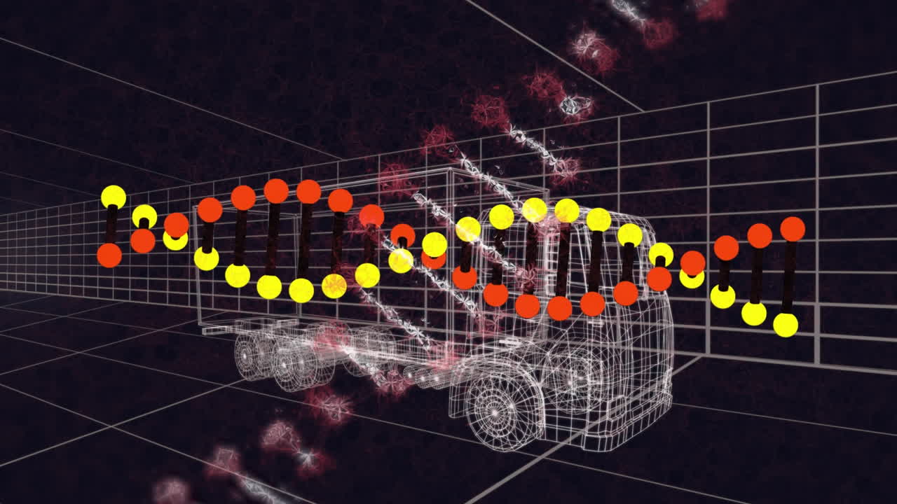 트럭과 그리드의 3d 드로잉 모델 위에 회전하는 dna 스트랜드의 애니메이션