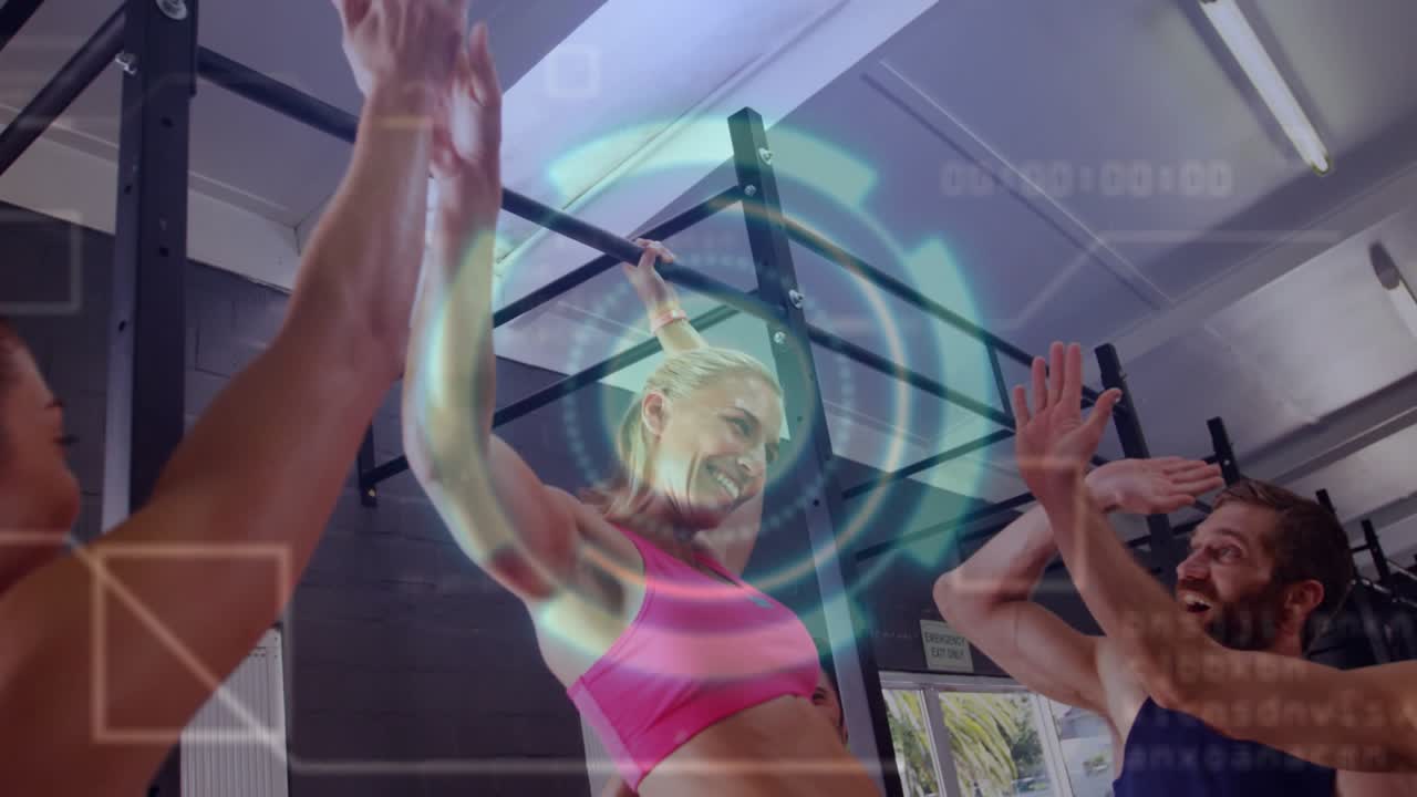 Blonde woman in gym reaching grabbing bar, team helping complete rep, HUD timestamp tracking reps