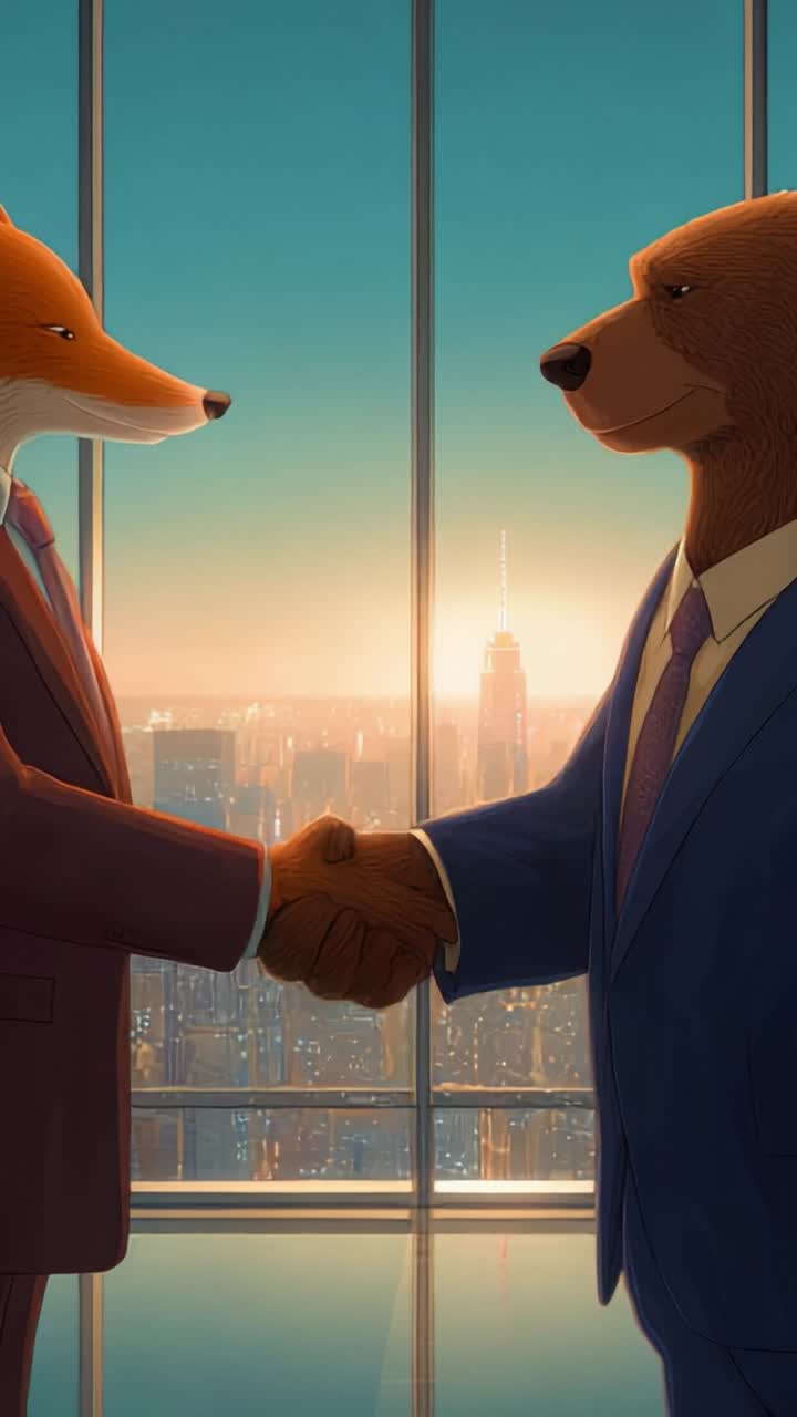 Una volpe e un orso si stringono la mano in un moderno ufficio, a simboleggiare collaborazione e partnership, sullo sfondo di un vivace tramonto in città
