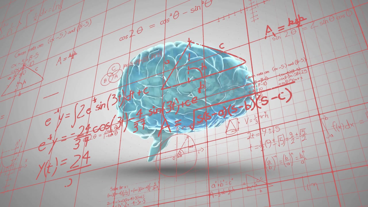Camera moving in while clear blue brain rotating, revealing form and layering red math, visualizing