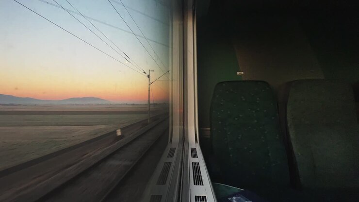 Train window view on sunrise Croatia, Slovenia
