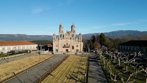 Aerial-establish-of-Sanctuary-of-Our-Lady-of-Miracles,-Baños-de-Molgas-Ourense-Galicia-Spain