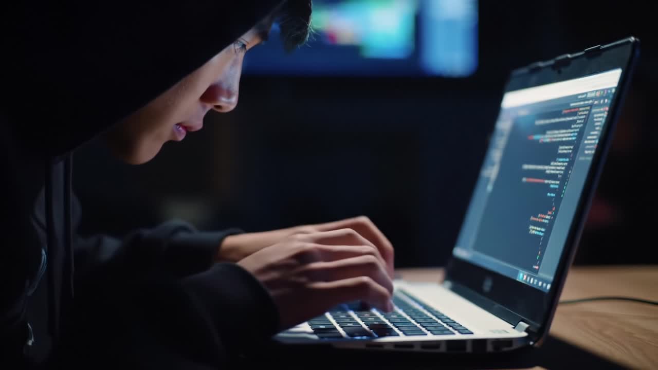 Focused Programmer Engaged in Coding at Laptop Late at Night with Soft Backlighting Highlighting Concentration and Technical Skills in a Dark Environment