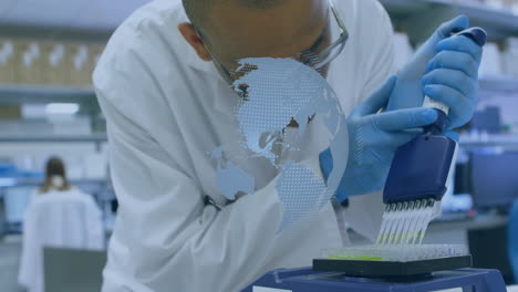 scientist dispensing green liquid into 96-well plate, showing digital globe overlay in biotech lab