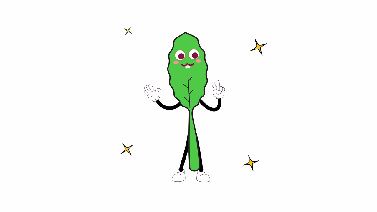 Animeret tegneseriefigur af spinat, der danser på hvid baggrund