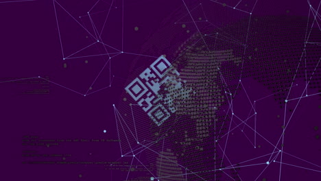 Animation of qr code over connections, globe and violet background