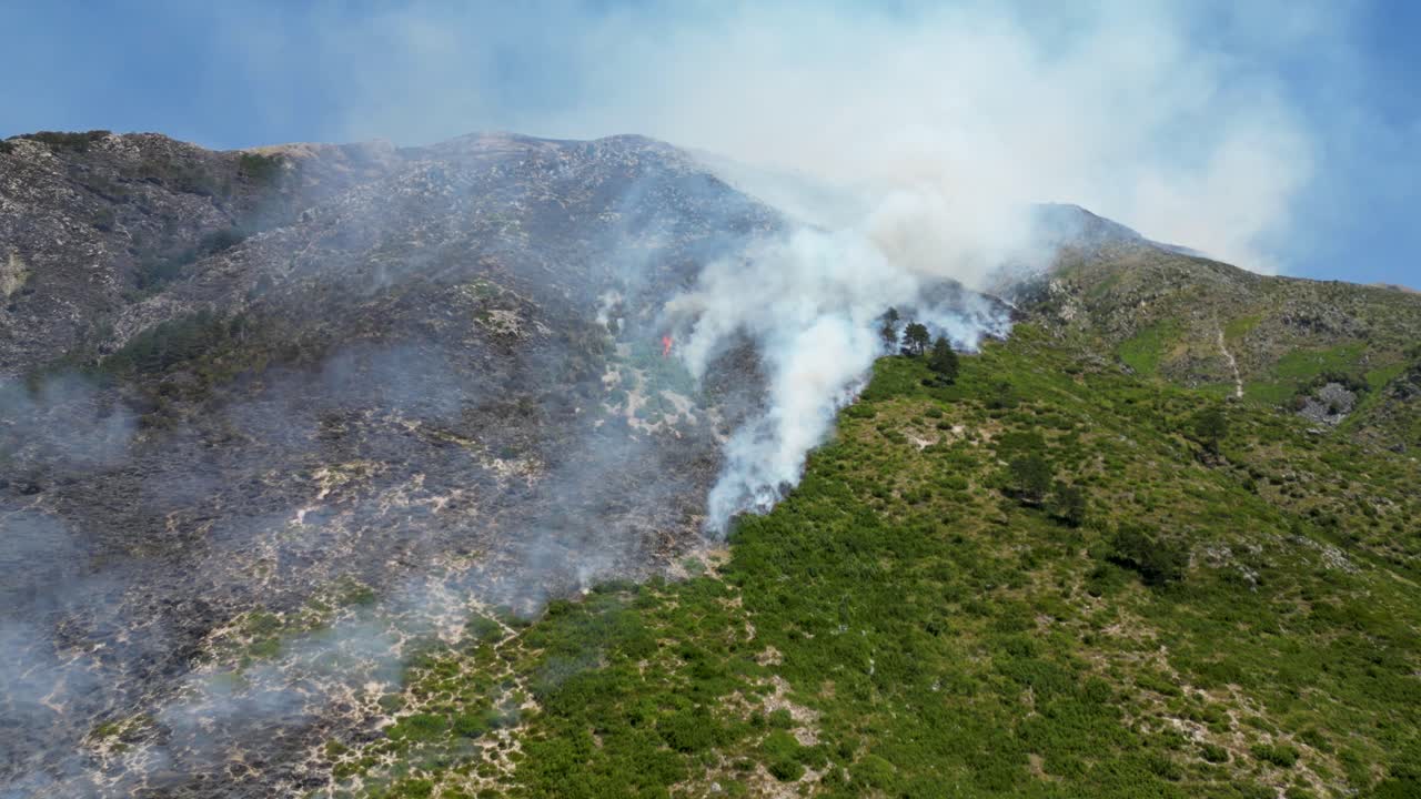Wildfire burning on the mountain destroying forest and nature leaving smoke in the air