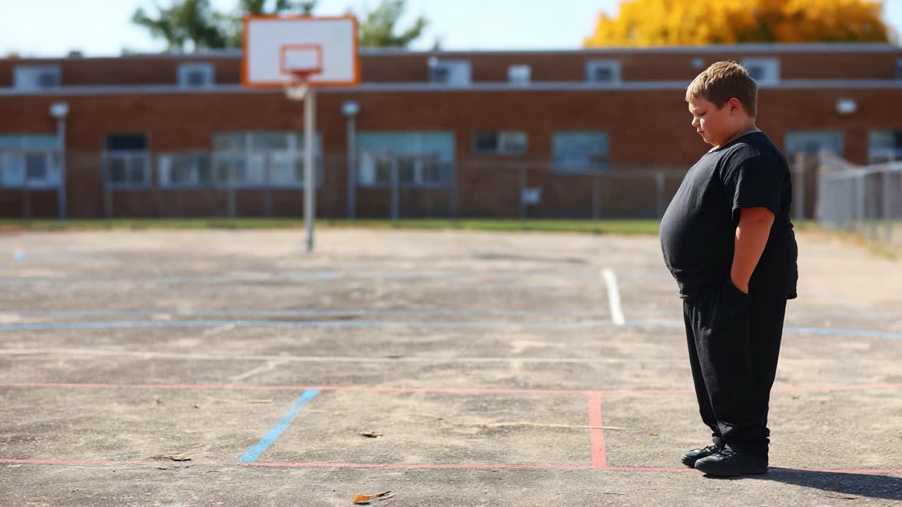 A boy stands alone on an empty basketball court, observing with a thoughtful expression while another child plays in the background, highlighting themes of loneliness and childhood experiences