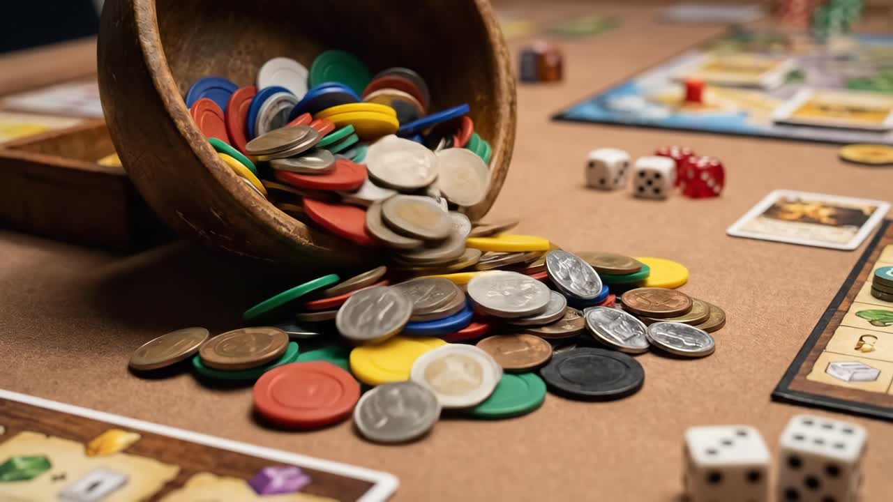 Jetons et pièces de jeu colorés se déversant d’un bol en bois sur une table de jeu de société
