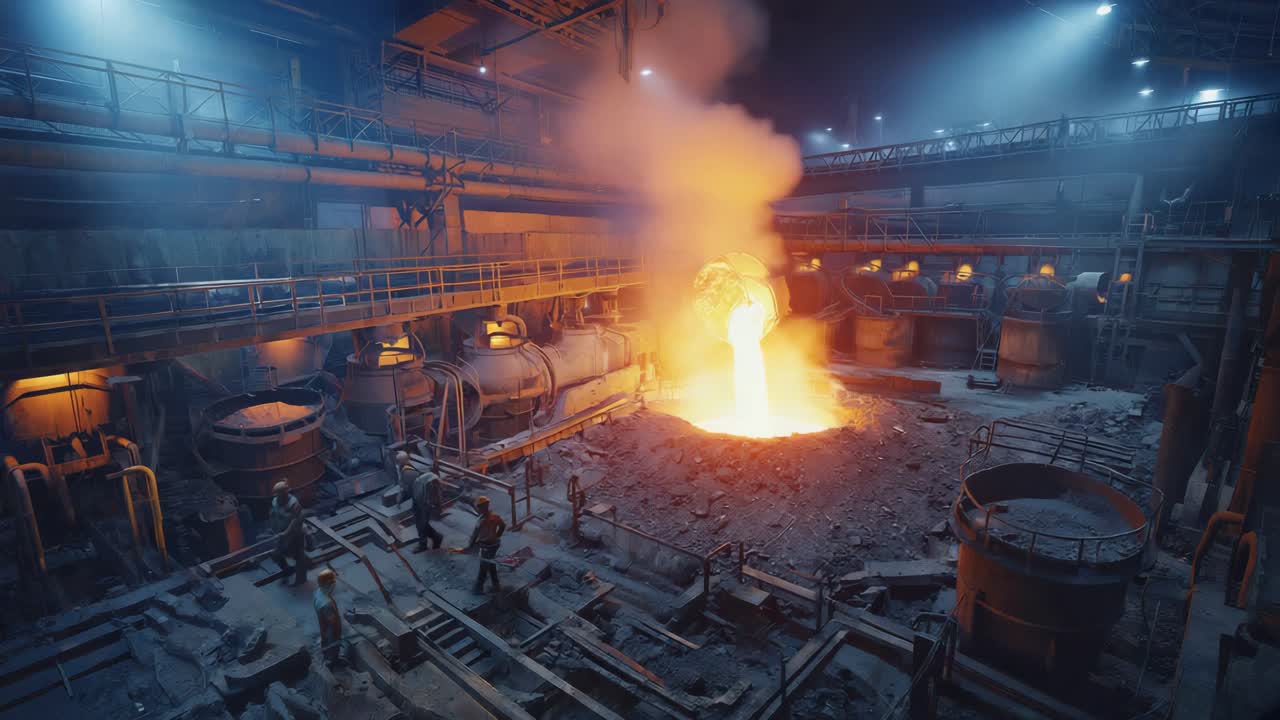 Industrial Foundry Workers Pouring Molten Metal