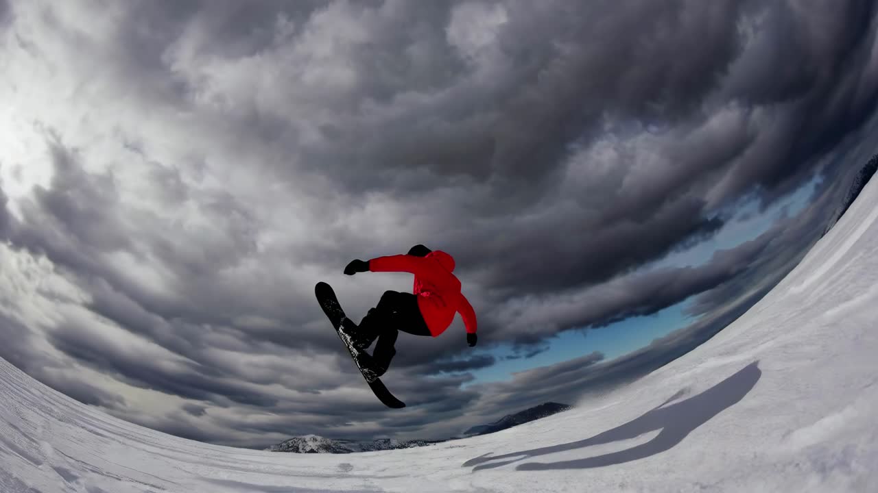 Dynamic low-angle shot of a snowboarder in mid-air against dramatic clouds, capturing the thrill