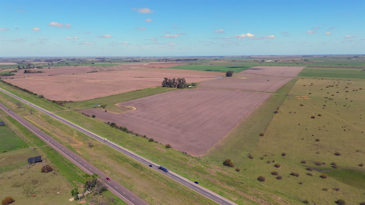 Aerial view of valley with agricultural land affected by drought. Climate change. Argentina. 4k.