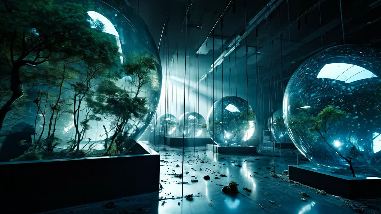 Dark room: bubbles, trees. A large room holds glass bubbles containing small trees