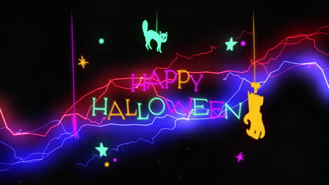 animation of neon halloween greetings text with cat and neon pattern