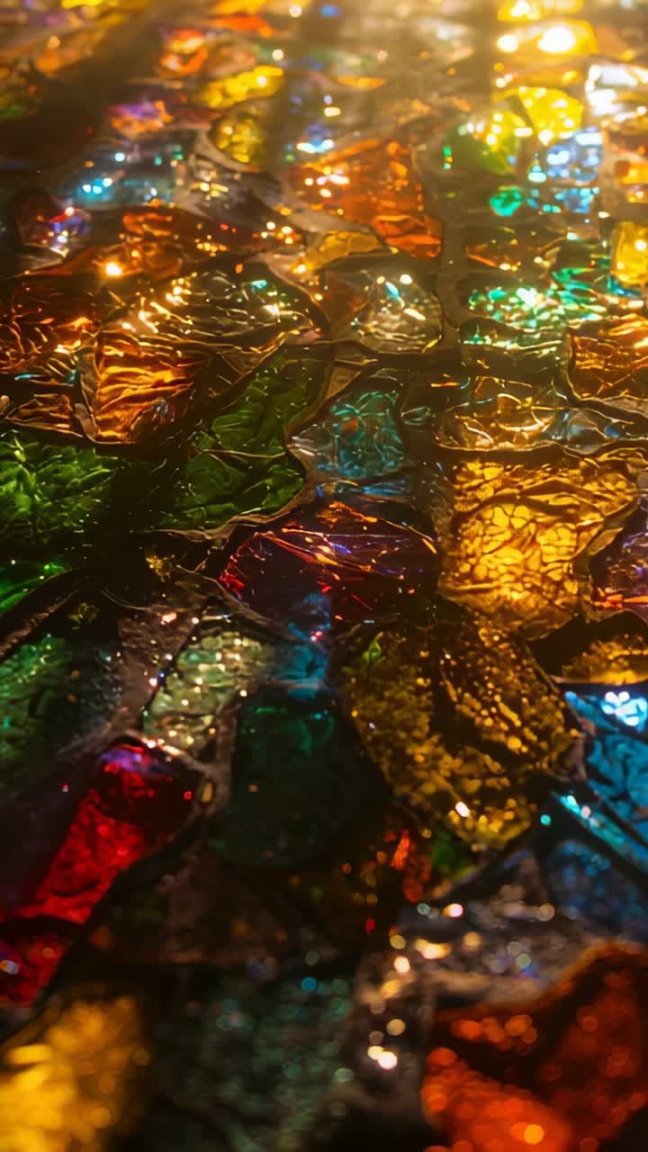 Vertical video: Starting camera panning upward across mosaic in room, revealing glass bits