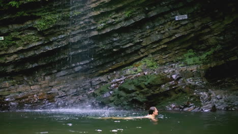 woman swimming under a waterfall in a rocky canyon