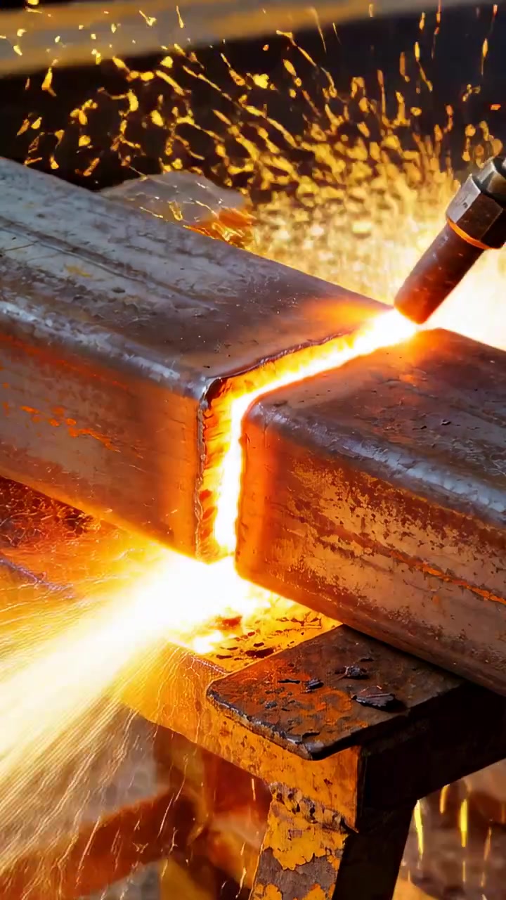 Video verticale: Accensione di una torcia, torcia che taglia profilati d'acciaio in un'officina metallurgica, goccioline fuse.