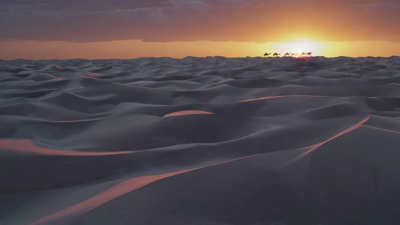 웅장한 낙타들이 무가 있는 모래 언덕을 가로질러 달려가며, 해가 지평선 아래로 가라앉으면서 사막의 풍경에 따뜻하고 황금빛을 비추고 있습니다.