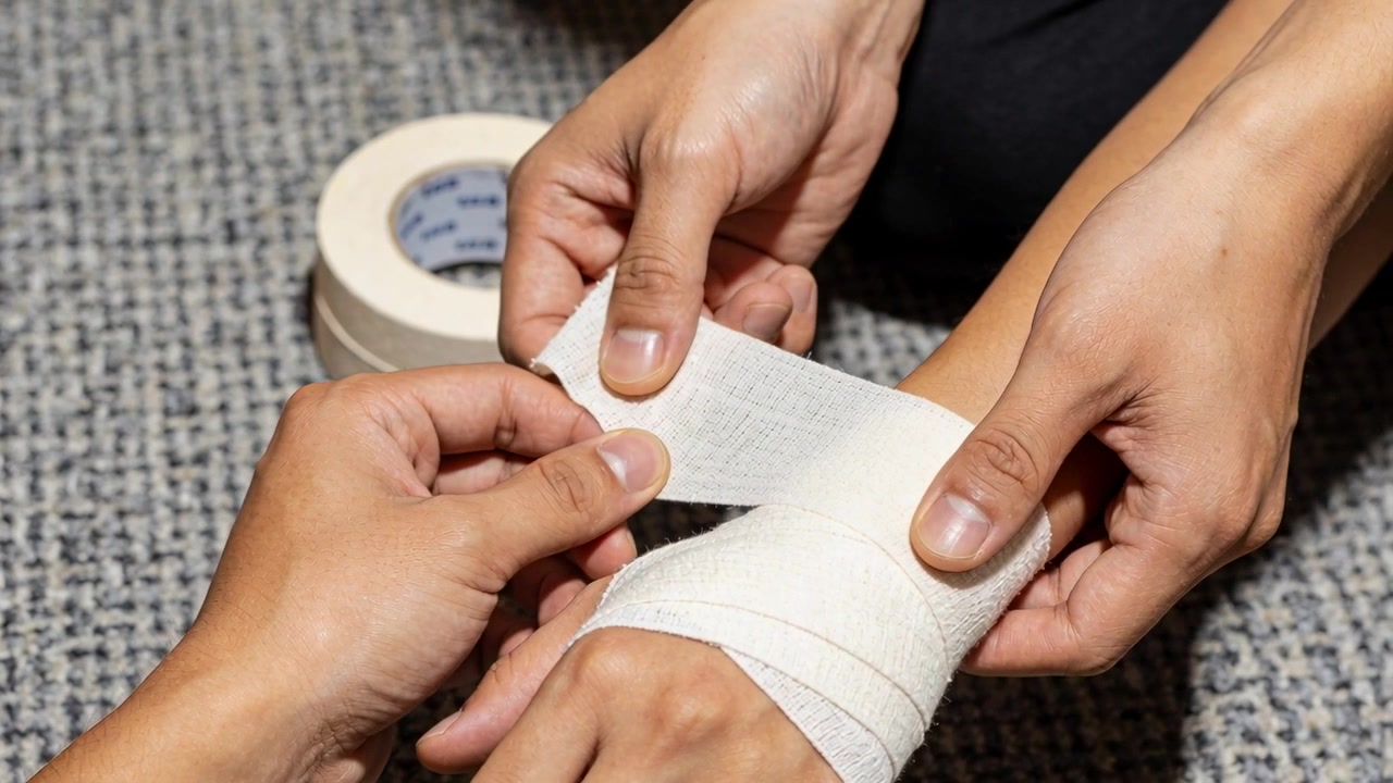 Segurando o pulso do recebedor imóvel, ajudante enfaixando em carpete cinza, aplicando fita e protegendo o pulso.