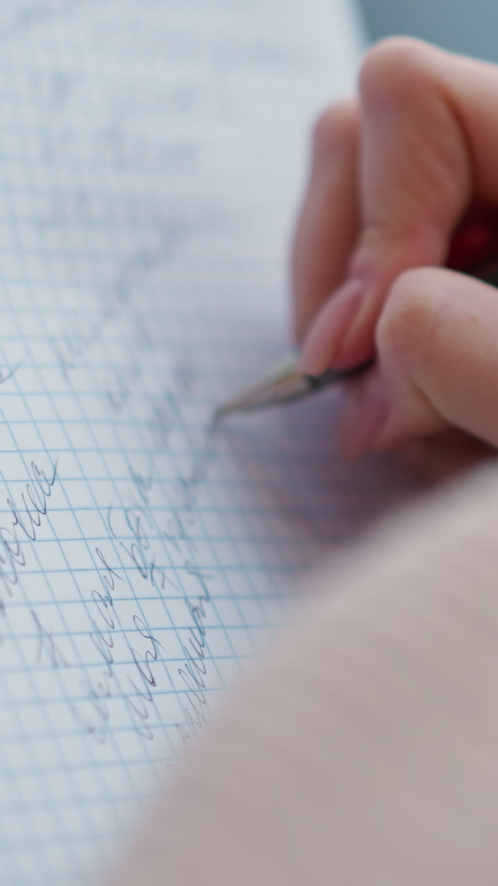 Close up of lady writing with pen in her notebook, focus on hand and writing, hand elegantly holding pen while making notes on lined paper, showcasing writing process