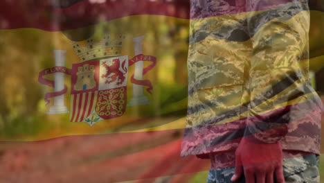 animation of flag of spain waving over caucasian soldier