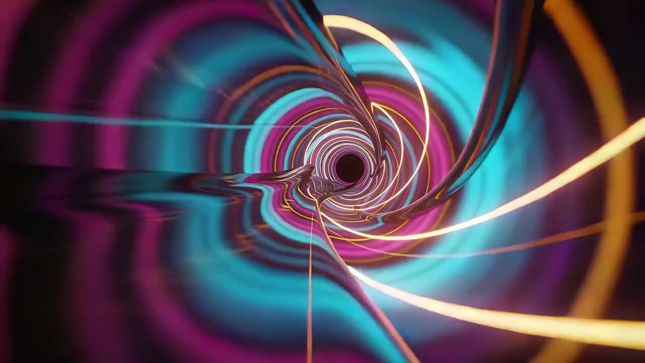 Advancing camera sliding through metal ribbon vortex toward black core, pulsing magenta cyan rings
