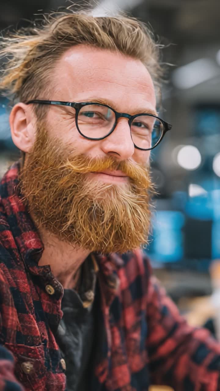 A confident man with glasses and a thick beard showcases a stylish look, dressed in a plaid shirt while sitting in a modern workspace, radiating creativity and professionalism