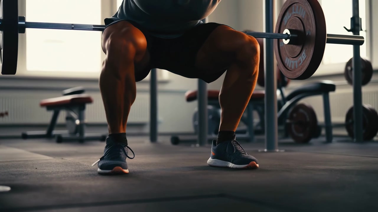 Inquadratura dalla vita in giù che mostra un atleta in uno squat profondo sotto un bilanciere carico all'interno di un rack da palestra, con i fianchi abbassati, le ginocchia piegate, i piedi ben piantati a terra e pavimentazione in gomma testurizzata sotto i piedi.