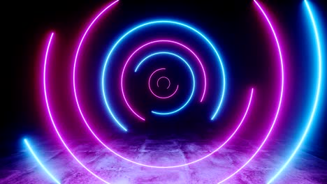 spiral loopable néon fluorescente rétro sci fi futuriste violet bleu laser cercle rotatif lumières sur sombre grunge béton réfléchissant sol espace vide