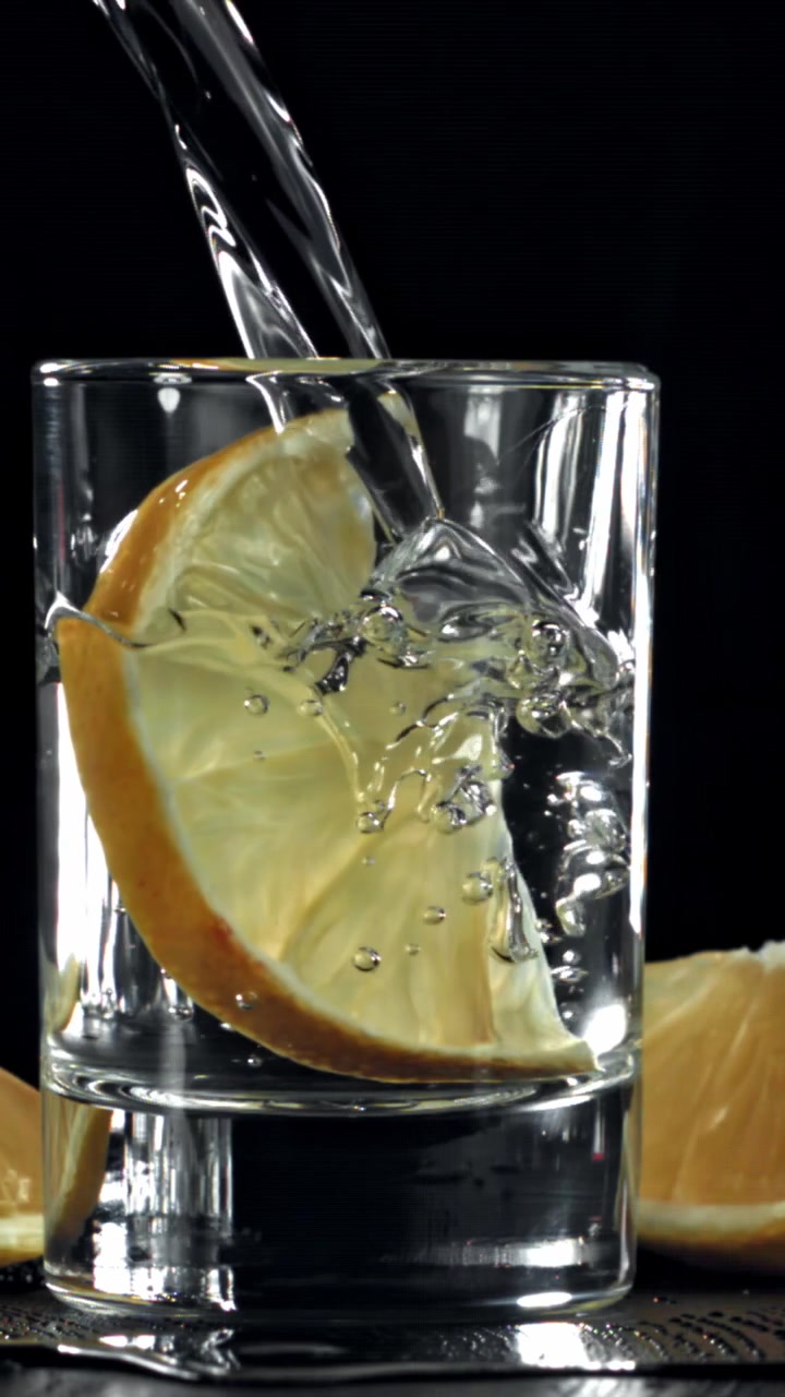 Versamento di liquido trasparente in un bicchiere con fetta di limone al rallentatore