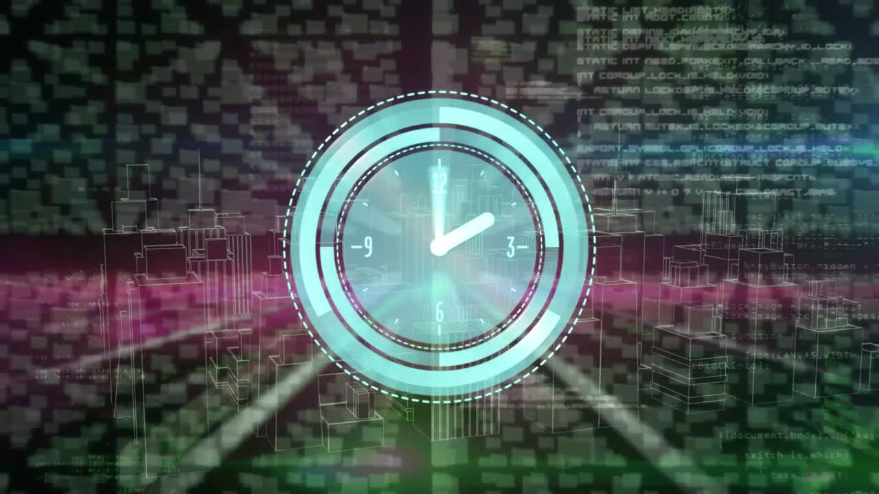 animación del reloj moviéndose sobre el procesamiento de datos y la ciudad del metaverso