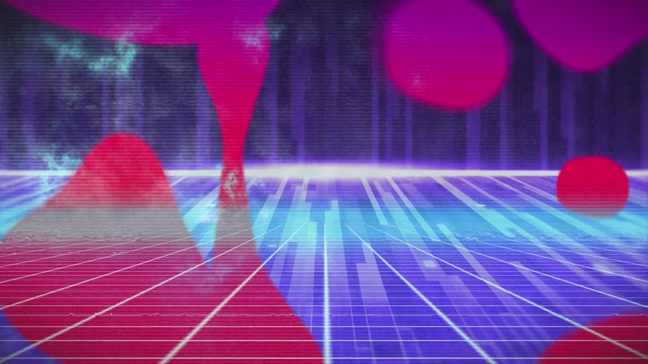 Dynamic Retro Synthwave Grid with Glowing Horizon and Abstract Elements