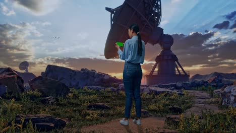 full body back view of an asian female professional worker standing with green screen smartphone with large satellite dish, industrial facility