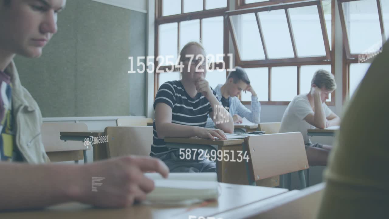 Students sitting at desks flipping pages generating code overlays tracking education engagement