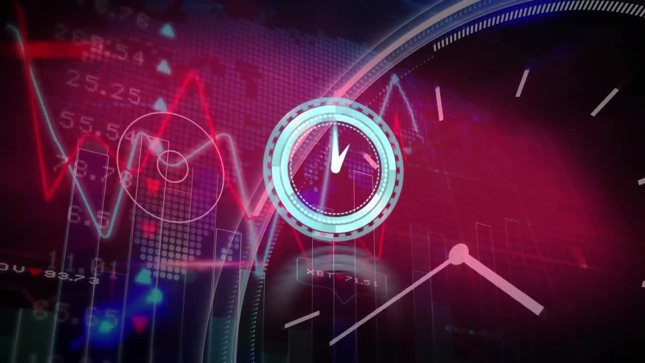 animación del reloj de neón y el procesamiento de datos sobre el mapa del mundo contra un fondo rojo