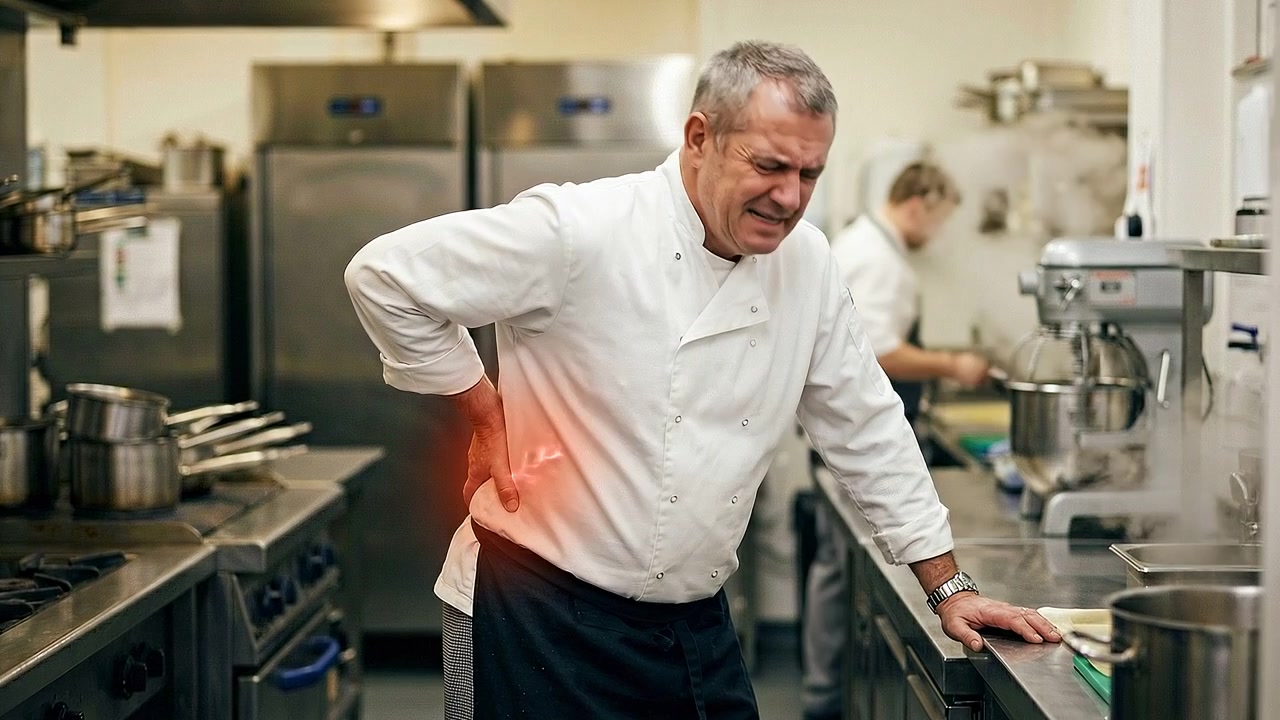 Senior chef pressing lower back while standing in commercial kitchen in realistic medical scene