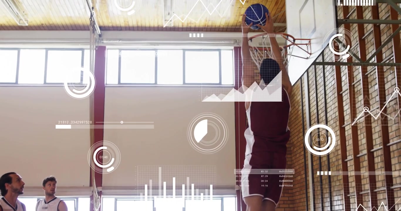 Maroon player receiving pass, dribbling past defender with sports shot animation dunking to score