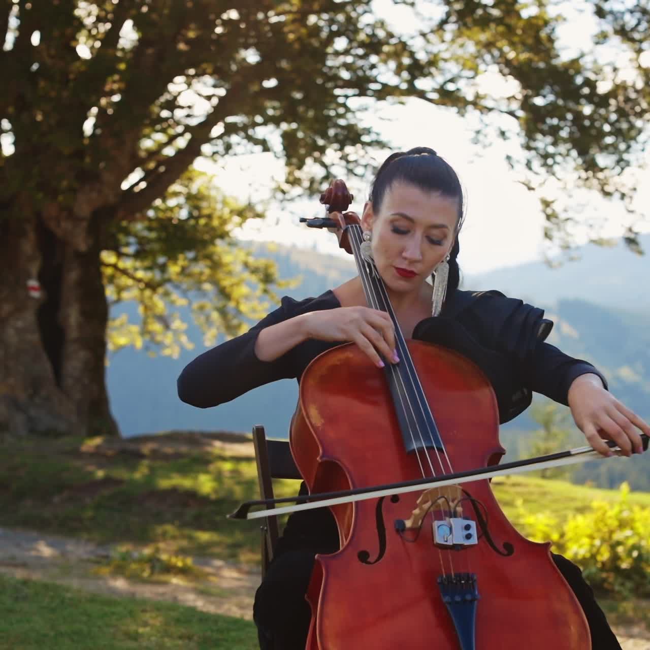 Outdoor musical perfomance with cello. Pretty lady playing on cello