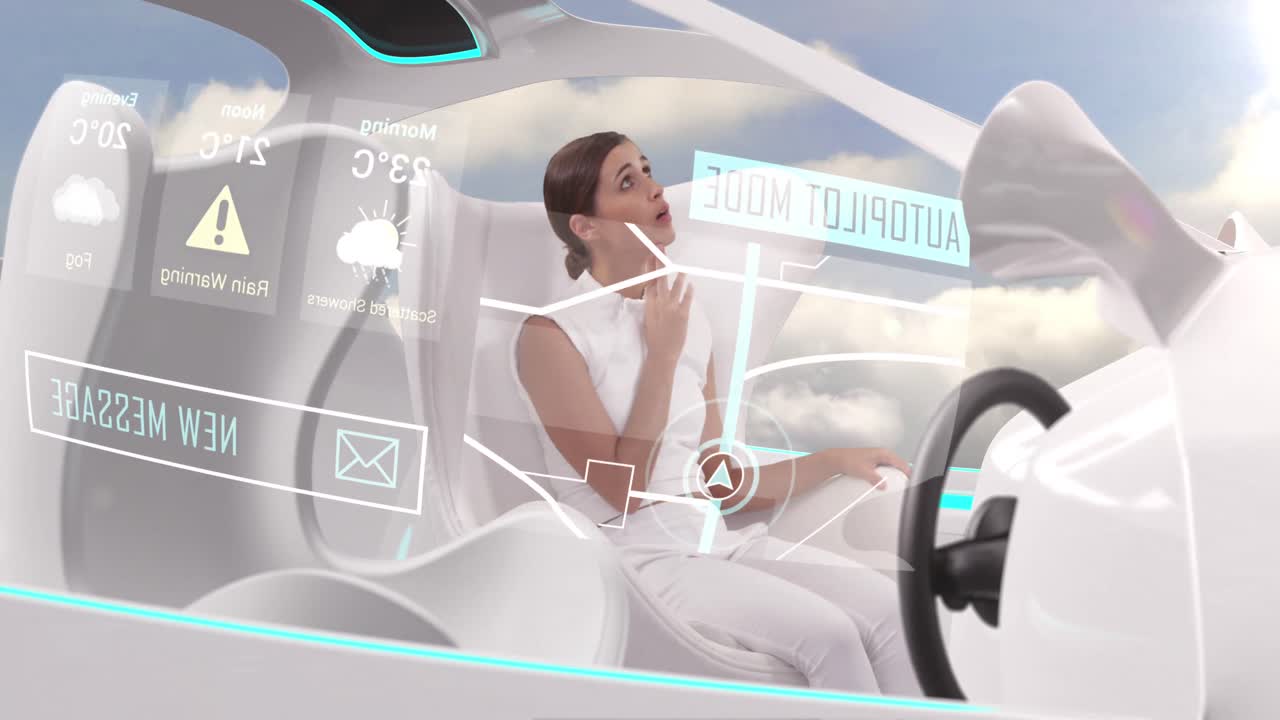 하늘에서 운전 하는 자동 조종기 모드 에 있는  ⁇  인테리어 를 가진 자동차 에 있는 여자