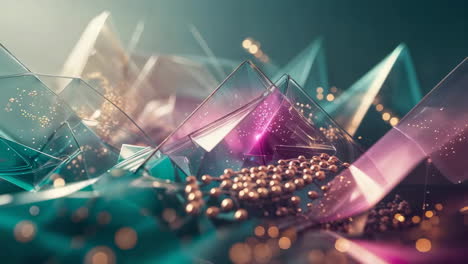 abstract geometric crystal composition with golden spheres and bokeh lights