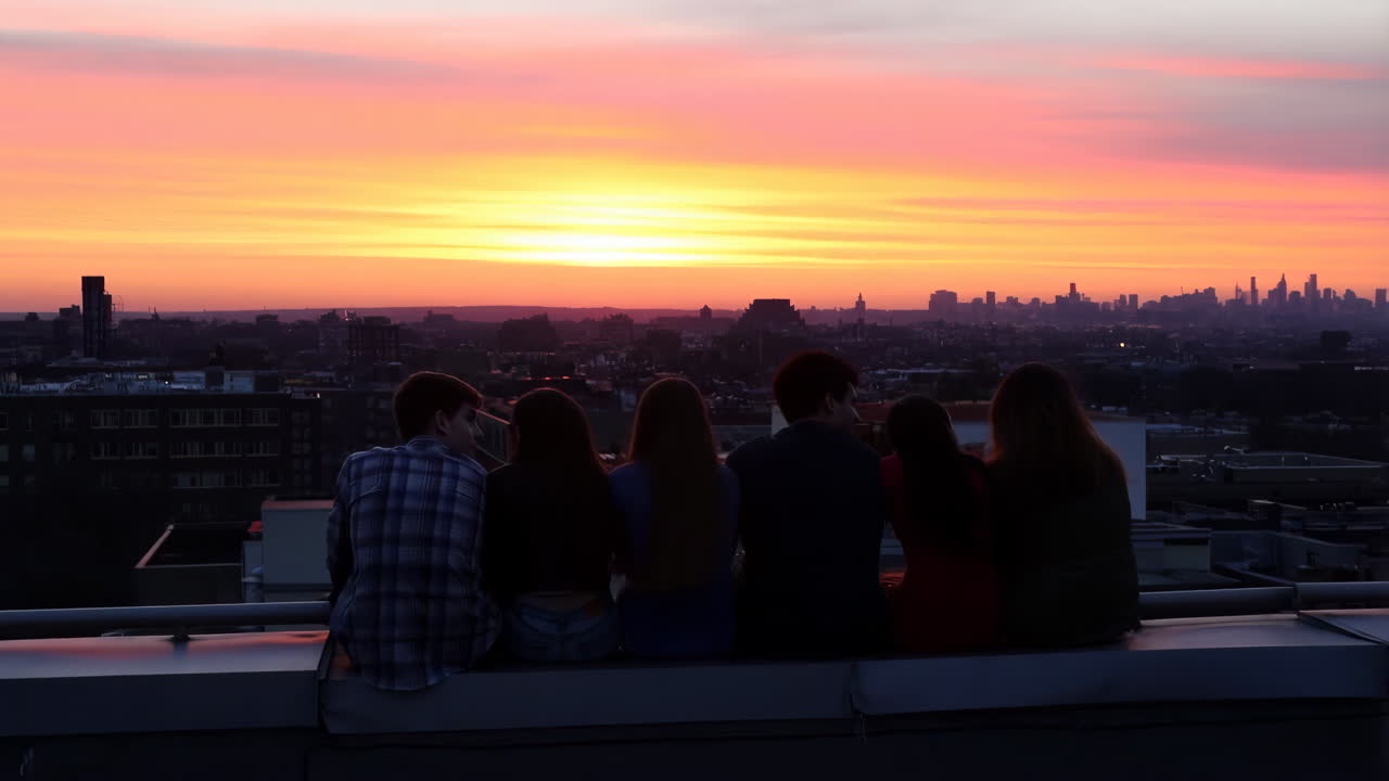 Friends Watching a Vibrant Sunset Over the City Skyline from a Rooftop