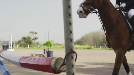 Hombre-Afroamericano-Saltando-Un-Obstáculo-Con-Su-Caballo-De-Doma