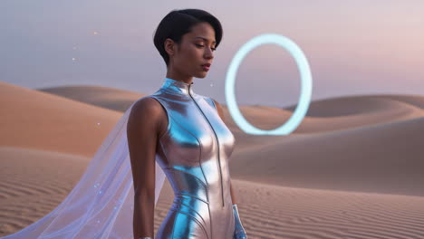 futuristic woman encounters a mysterious portal in the desert