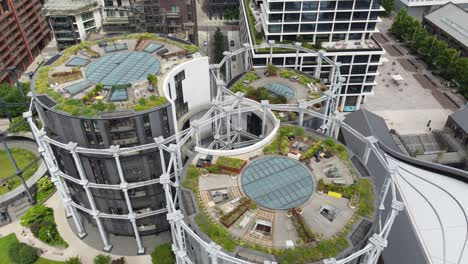 Gas-holder-park-,-and-apartment-conversions-London-Kings-Cross-drone-aerial-view