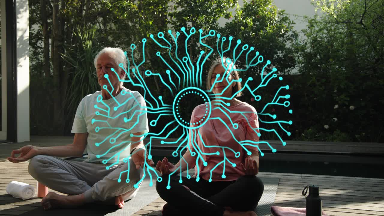 AI graphic appearing overlaying center, senior couple moving on mats through meditation for health