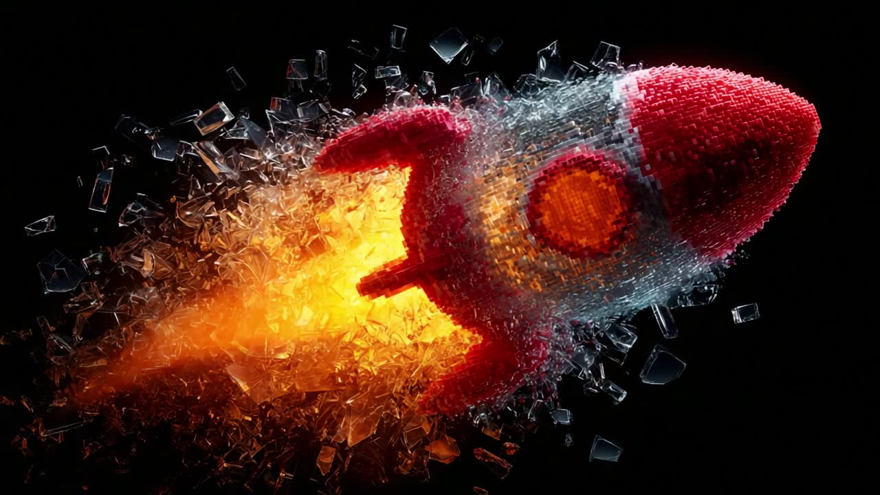 A stunning depiction of a colorful rocket blasting off into space, surrounded by shards of ice and brilliant flames, capturing the essence of adventure and exploration