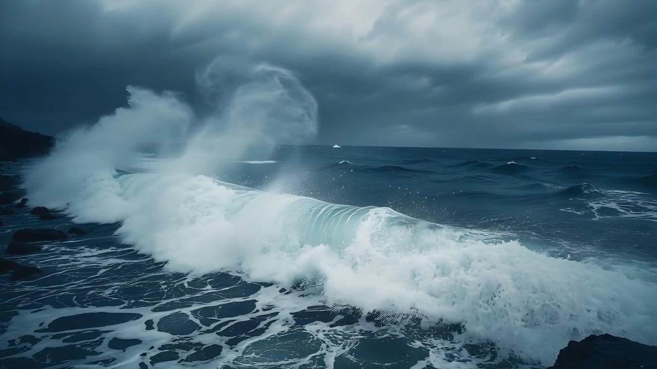 Oleaje acercándose, empujando una ola que rompe sobre la costa rocosa, el viento azotando el rocío y la espuma.